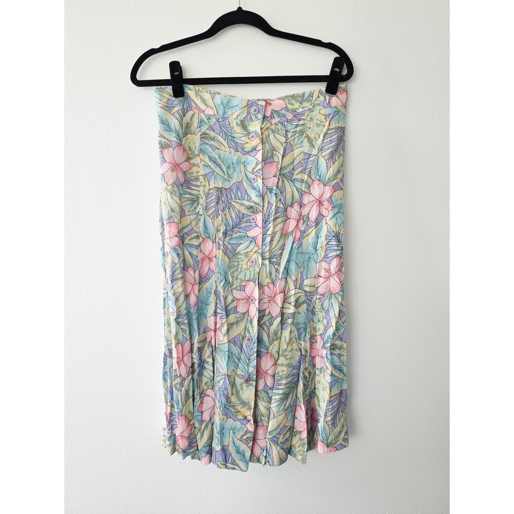 Alfred Dunner Vintage Floral Midi Skirt Pastel Tropical Button Front Size 14